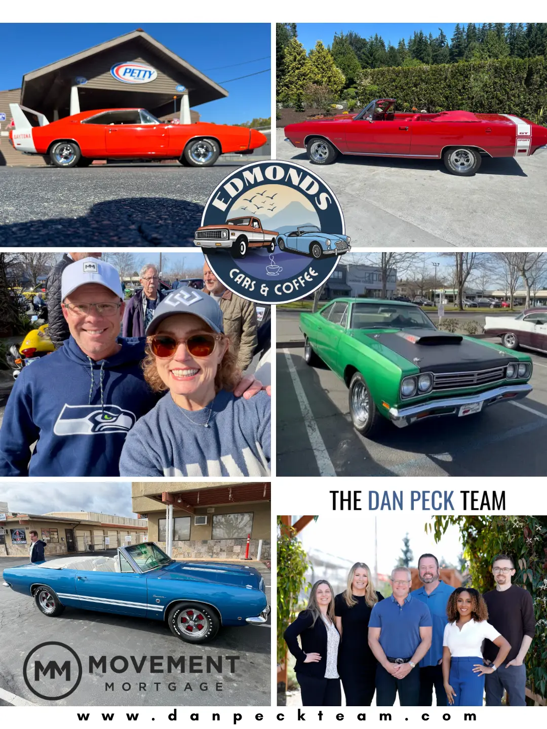 Collage of Dan Peck's classic Mopars, Edmonds Cars & Coffee meets and the Dan Peck Team