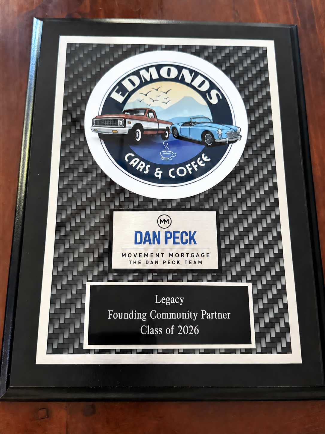 Edmonds Cars & Coffee Founding Legacy Partner plaque for The Dan Peck Team