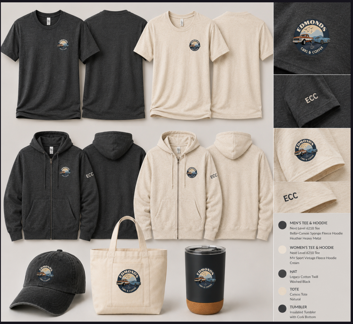 ECC apparel collection — tees, hoodies, hat, tote and tumbler